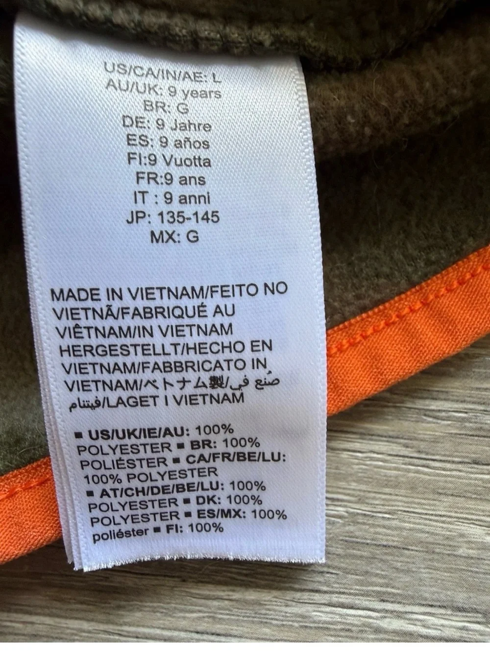 Amazon Essentials Boys L(9/10) Camo Full Zip Fleece Jacket Orange Trim